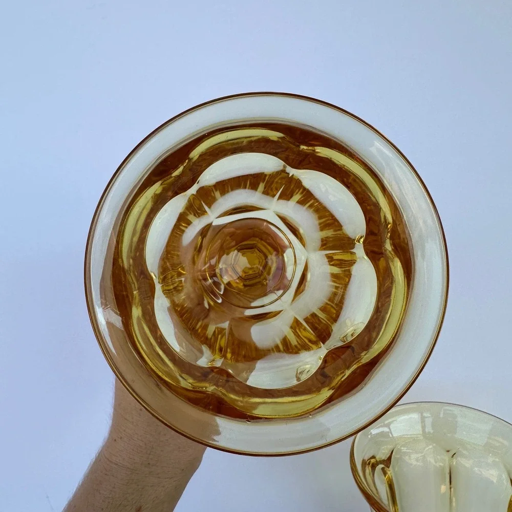 Vintage Amber Glass Goblets Set of 2 Fluted Stemware Mid Century Modern Yellow
